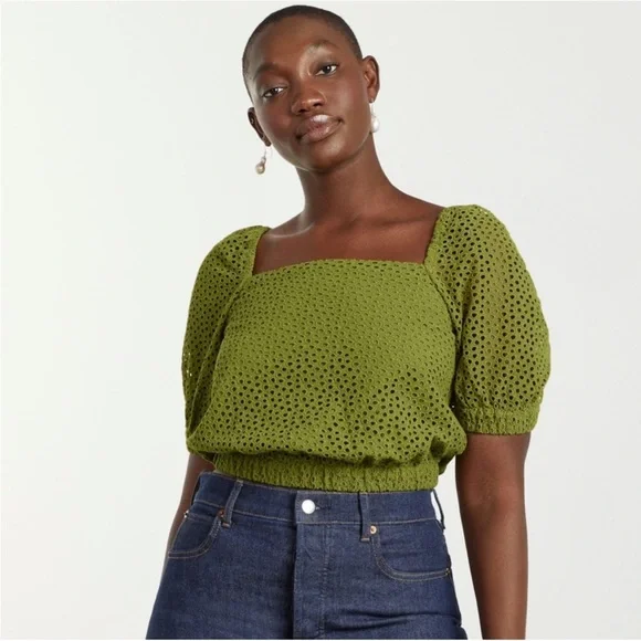 Everlane the eyelet puff sleeve top green pistachio small - Picture 1 of 10